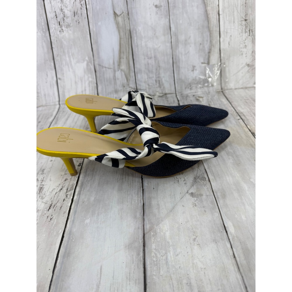 Cabi Navy Woven Pointed Toe Mule Heels Yellow Kitten Heel Striped Bow 9.5M